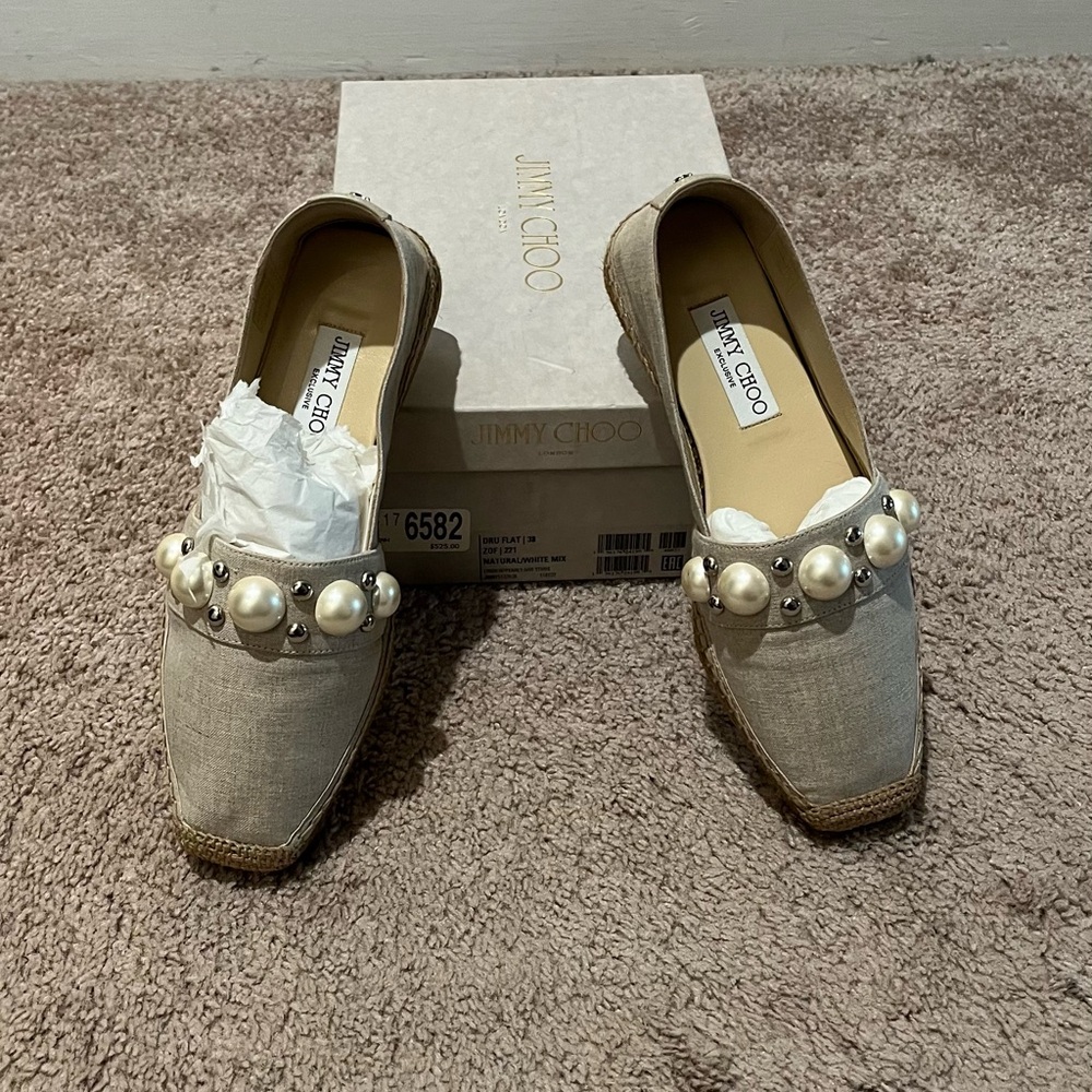 Jimmy Choo Dru Linen Pearly Espadrille Loafers size 39